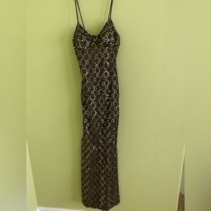 Rare Funky Brand Spaghetti Strap Bronzed Full Sequined Gown Padded Bust